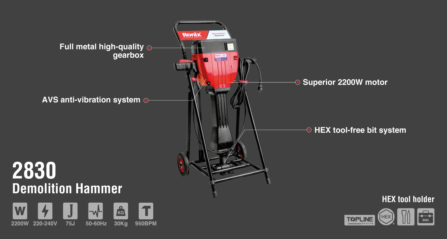 چکش تخریب برقی 30 کیلویی 75 ژول سری تاپ لاین 2830