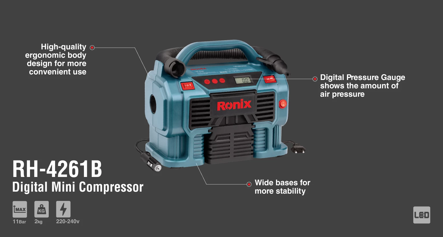 مینی کمپرسور باد سه کاره دیجیتال فندکی و برق شهری با کیف RH-4261B